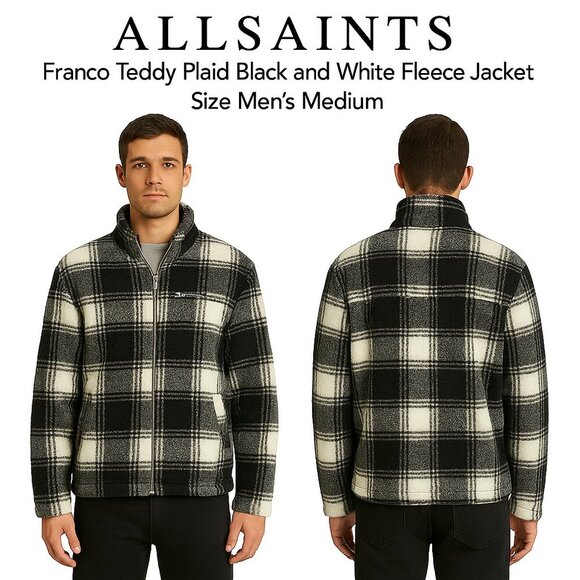 AllSaints Franco Teddy Plaid Fleece Jacket Black White Size Medium - Picture 1 of 11